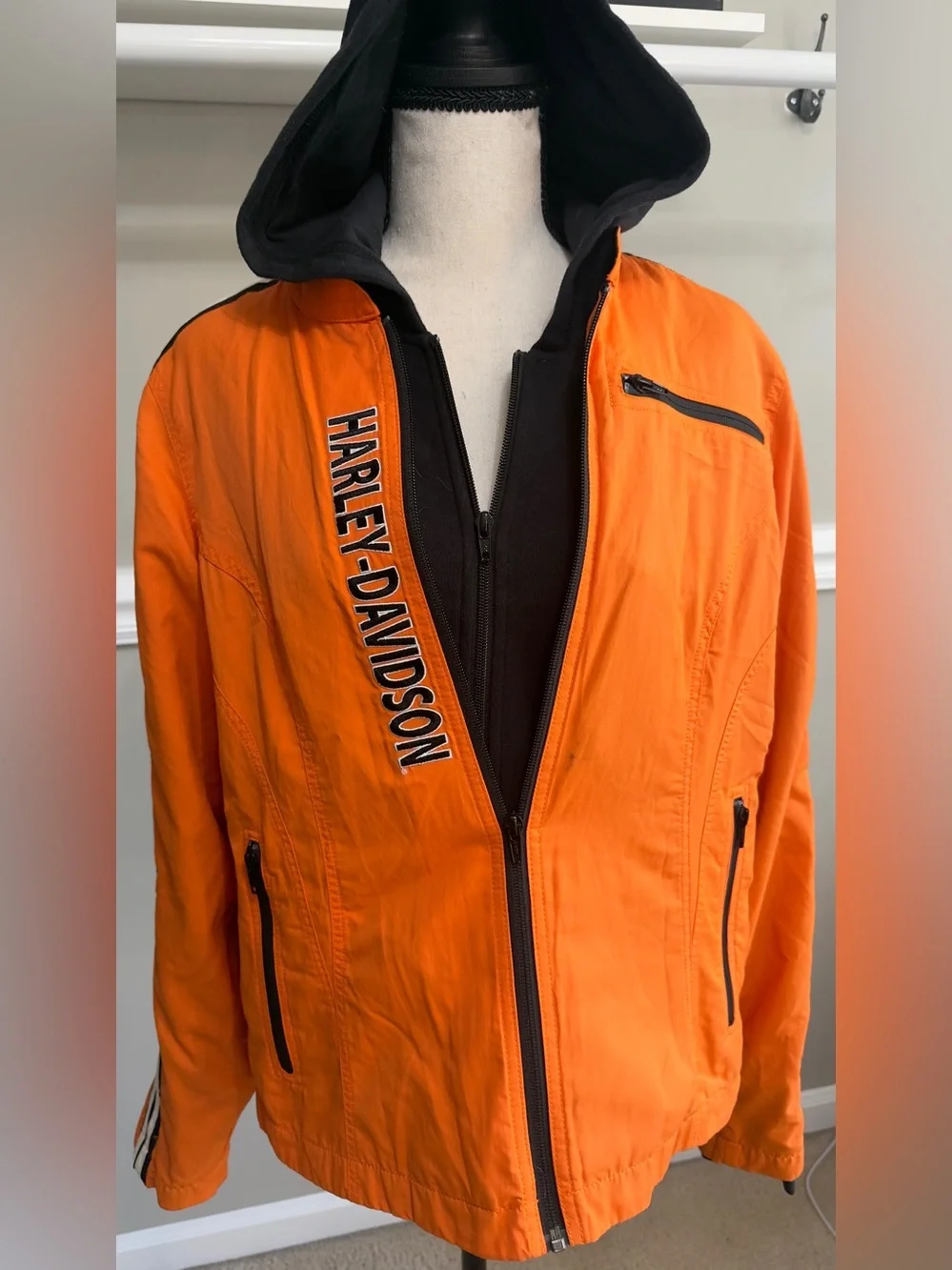 Harley-Davidson Orange and Black Hooded Windbreaker Jacket